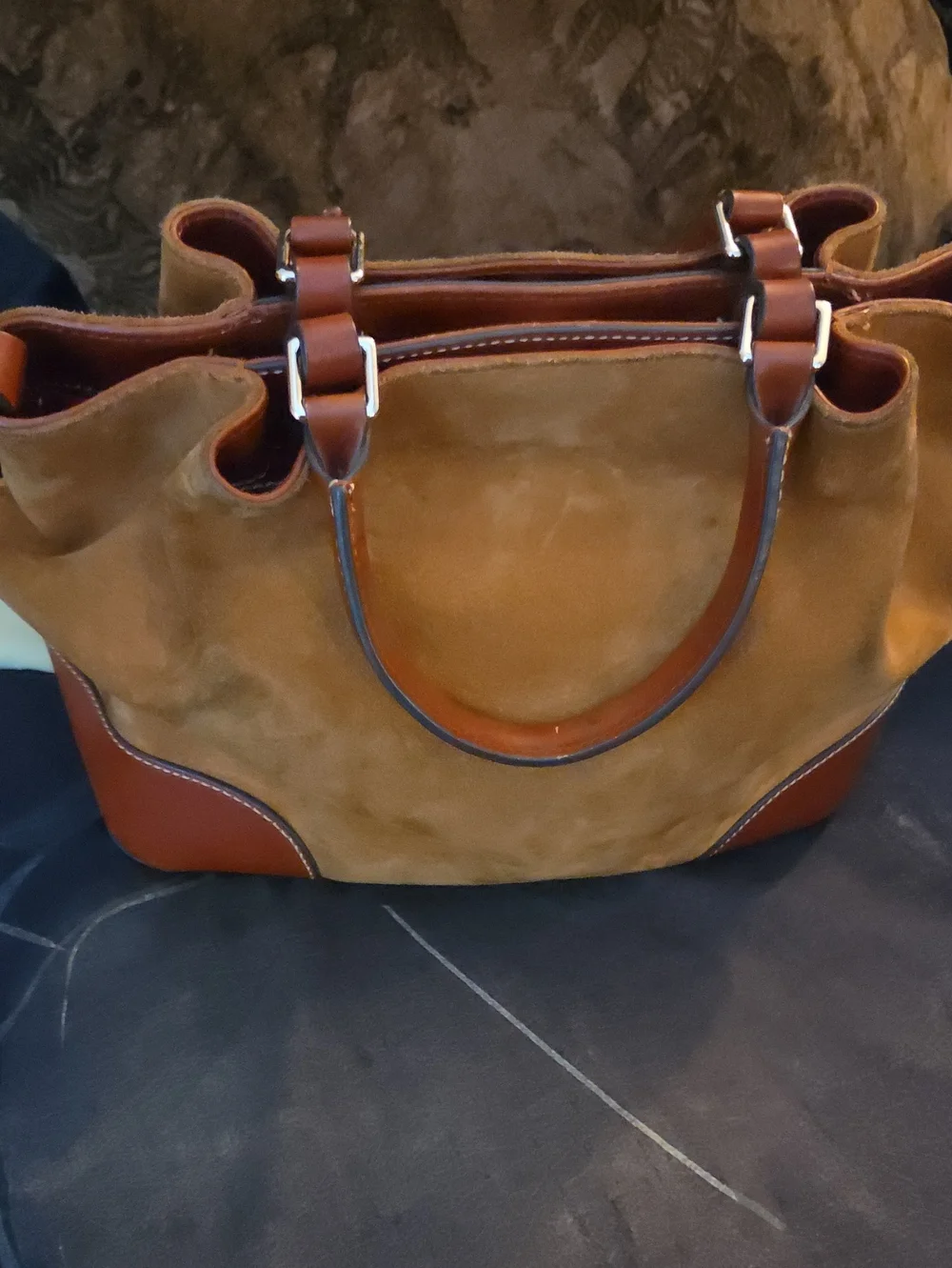 Dooney & Bourke Tan Suede Tote with Brown Leather Trim - Picture 2 of 8